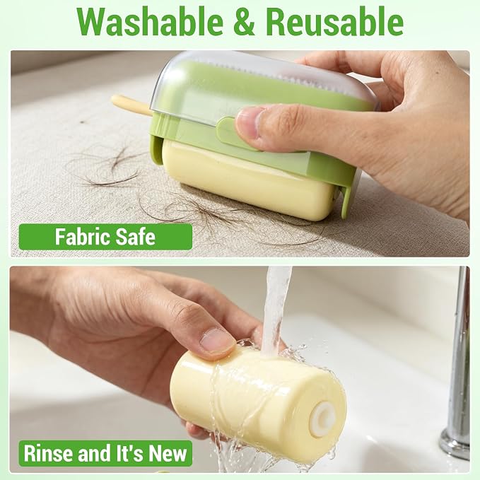 Mini Lint Brush/Roller, 2-in-1 Lint Remover, Green | Washable, Reusable Lint Roller, Portable Travel Size, For Pet Hair, Clothes, Carpet, Car, Includes Cleaning Brush