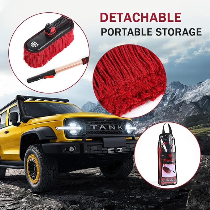 Car Duster Exterior with Extendable Handle, Scratch Free Auto Wash Brush Mop, Interior Detailing Kit for Truck RV Boat - Wax Cotton Duster & Interior Brush, Red