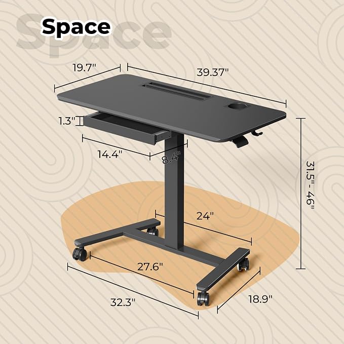40"×20" Mobile Desk with Drawer, Rolling Desk with Storage | Height Adjustable Portable Laptop Desk on Wheels, Small Computer Desk with Cup Holder and Hooks for Study & Work, Black