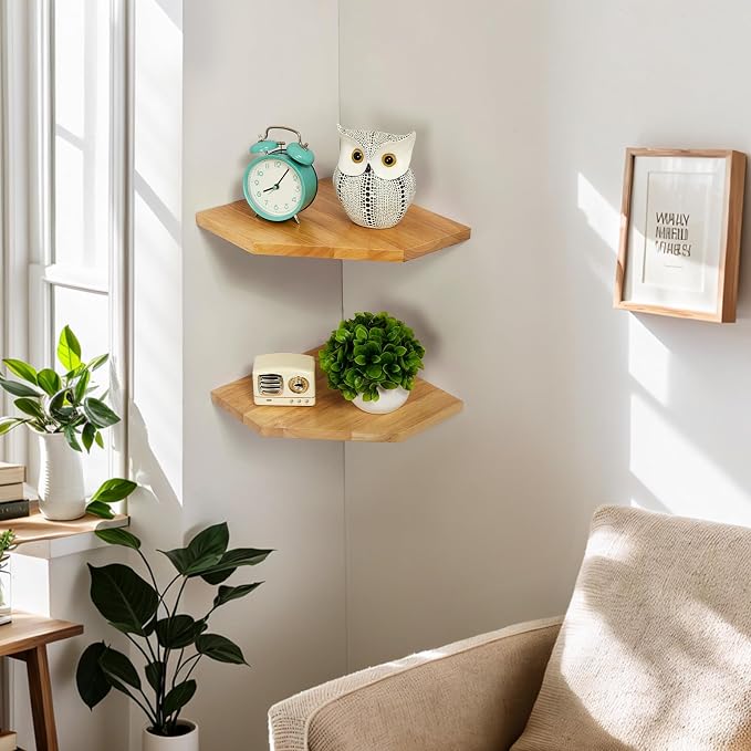 Corner Wall Shelf, Corner Floating Shelf Solid Oak Wood Display Shelf with Wire Hole Small Plant for Kitchen Living Room