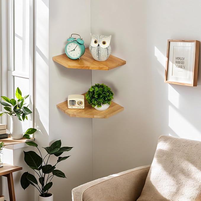 Corner Wall Shelves, Corner Floating Shelves Set of 2 Solid Oak Wood Display Shelf with Wire Hole Small Plant for Kitchen Living Room