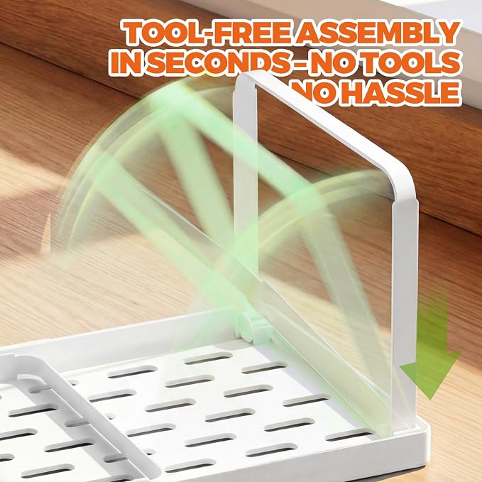 Cabinet Organizer Shelf, Countertop Risers, Kitchen Storage Rack | 2 Pack Foldable White Expandable Holders for Pantry & Bathroom, No-Tool Assembly Space-Saving Cupboard & Desk Organization