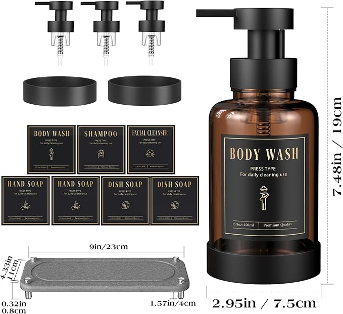 Luxspire Foaming Soap Dispenser, Non-Slip Hand Soap Dispenser with Fast Drying Tray, 15oz Glass Refillable Liquid Bottle for Bathroom & Kitchen, 2 Pack, Brown + Dark Gray