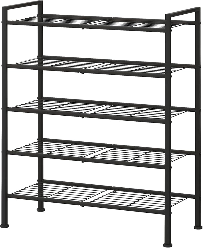 5-Tier Shoe Rack, Metal Storage Shelves for Closet Entryway | Tall Narrow Unit for Small Spaces, Multi-Purpose Organizer for Bedroom Garage, Easy Assembly, Black