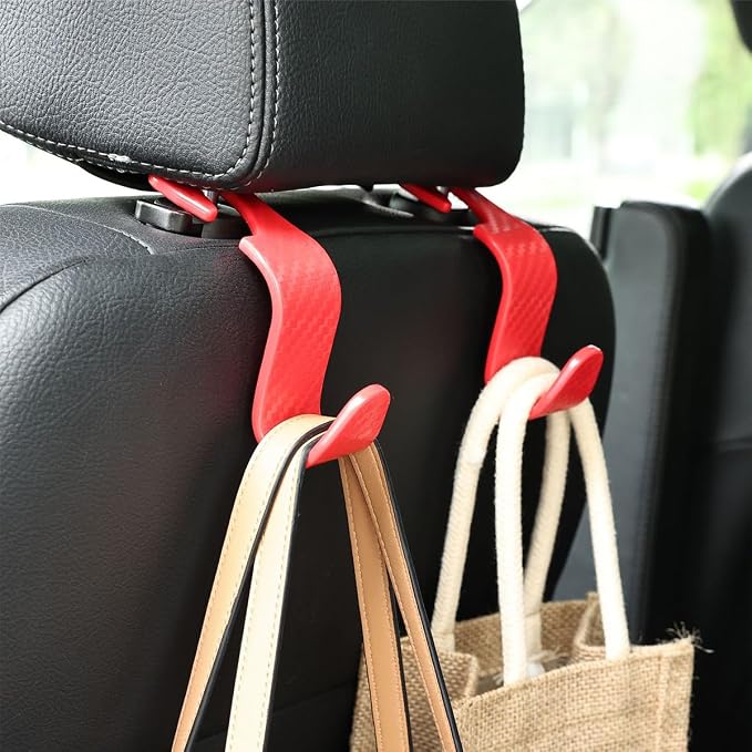 Osilly Car Seat Headrest Hook, 4 Pack Auto Seat Hanger Storage Organizer for Purse Handbag Coats Grocery Bags, Car Interior Accessories, Universal Vehicle Backseat Plastic Hanging Hook (Red)