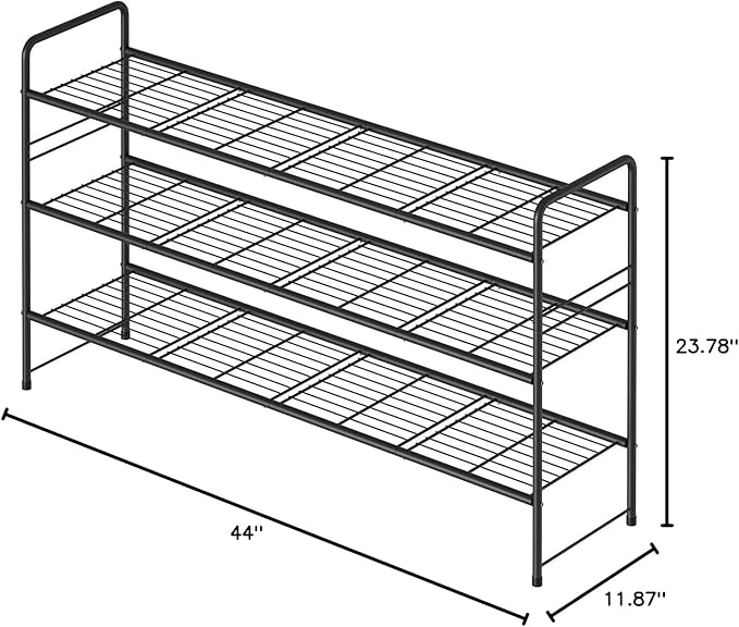 3 Tier Shoe Rack for Closet, 44 Inch Extra Long Shoe Storage Organizer for Shelves, Heavy Duty Metal, Easy Assembly, Black