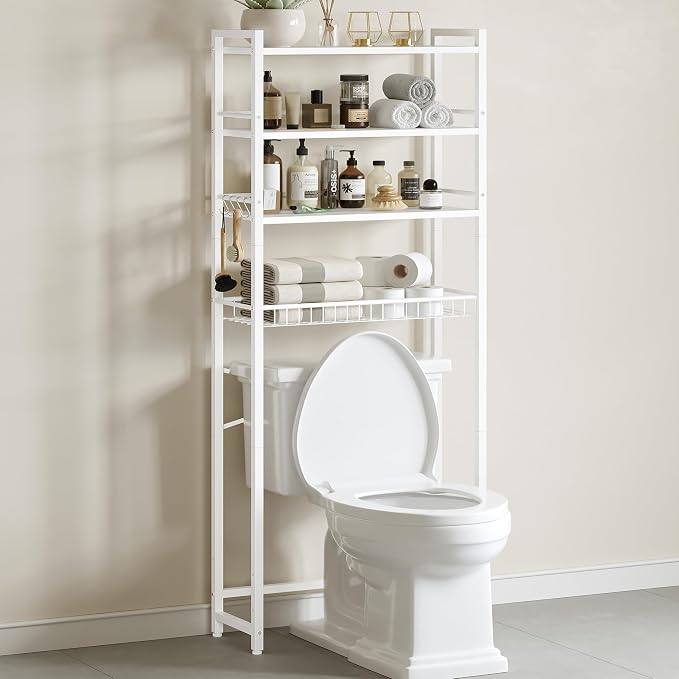 Over The Toilet Storage Shelf, 4-Tier Bathroom Organizer with Basket & Hooks, Sturdy Space Saver for Small Bathrooms, White