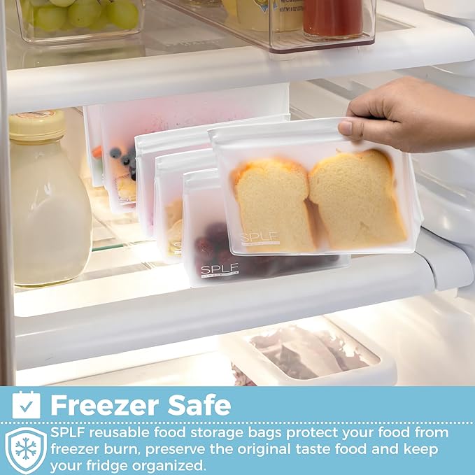 SPLF 6 Pack Dishwasher Safe Reusable Sandwich Bags, Quart freezer bags, Reusable Food Storage Bags, BPA FREE Stand Up Extra Thick Leakproof Silicone Free Zipper Snack Lunch Freezer Bags
