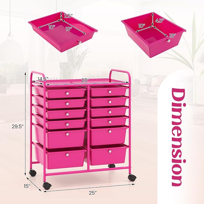 Moccha 12-Drawer Rolling Storage Cart - Utility Cart on Wheels with Lockable Casters for Craft Art Supply Paper Salon, Mobile Drawer Carts for Classroom Teacher School Office (Hot Pink)