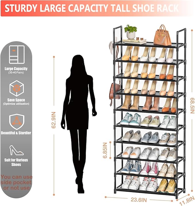 LUKYTOWER Tall Shoe Rack - 10 Tier Shoe Organizer 30-35 Pairs Boot Storage | with 5 Hooks, Pocket & Sturdy Large Vertical Shoe Shelf Stand Tower, Closet, Entryway, Bedroom, Garage, Free Standing