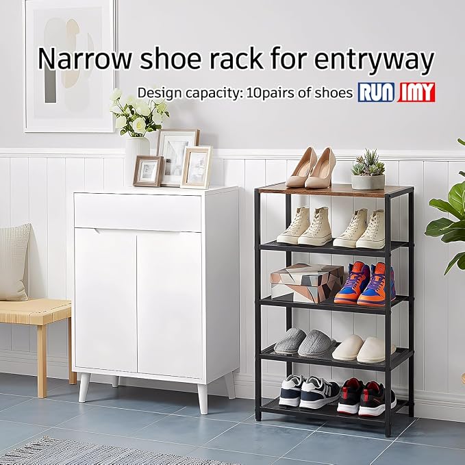 Tall Narrow Shoe Rack for Entryway Closet,5-Tier Shoe Storage Shelf | Small Vertical Shoe Organizer Wood, Sturdy Metal Mesh Shelves, Wooden Table Top, Holds 10 Pairs, for Front Door Entrance