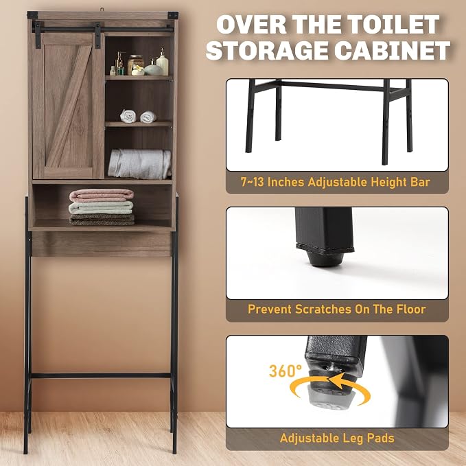 Over Toilet Storage Cabinet with Barn Door & Adjustable Shelves | 24 Inch Wide Bathroom Organizer, Space-Saving, Sturdy Wood, Anti-Tipping, Easy Assembly, for Restroom, Laundry, Small Spaces