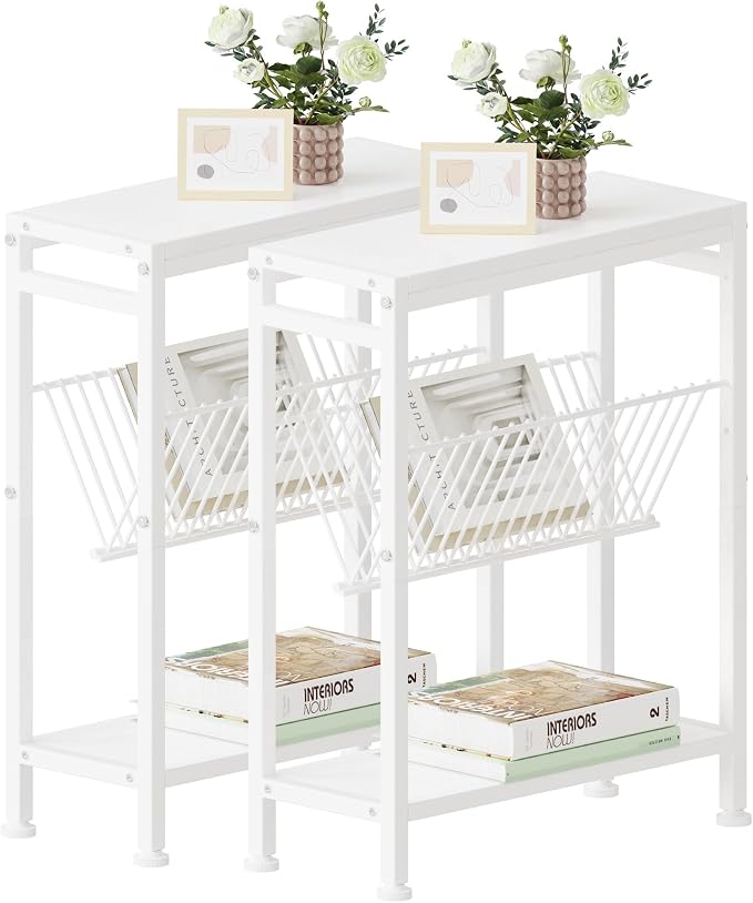 Side Table for Small Spaces, Set of 2 Narrow End Table with Magazine Holder, 2 in 1 Design Slim Side Table, Skinny Nightstand for Living Room Bedroom, Thin Side Magazine Table, White