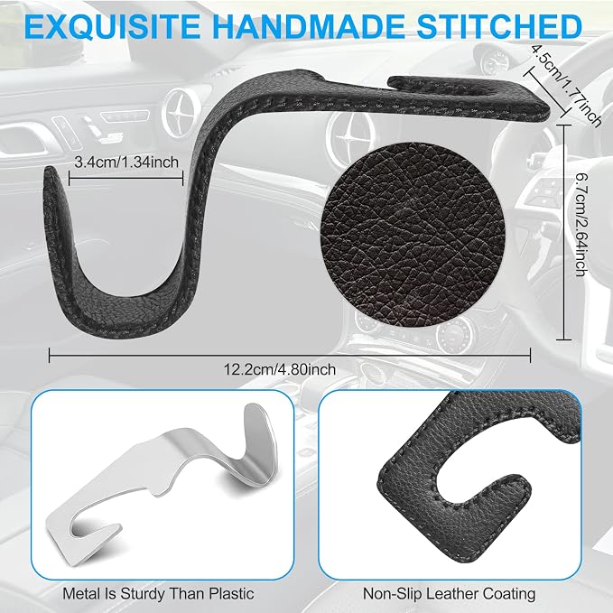 EldHus Seat Hooks for Purses and Bags, 4 Pack Car Purse Holder for Grocery Bag Handbag Clothes, Metal Headrest Hooks Covered by Leather, Black