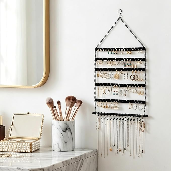 Hanging Jewelry Organizer, 5 Tier Wall Mounted Hanging Earring Holder with 10 Necklace Hooks, Adjustable Earring Display Storage with Holes and Grooves for Earrings, Necklaces, Bracelets and Rings