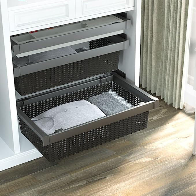 Pull Out Cabinet Storage Basket,Wardrobe Storage Organiser,Stackable Detachable Baskets Closet Storage Box,for Kitchen Office Wardrobes Cupboard Storage(Brown,437x20x750mm)