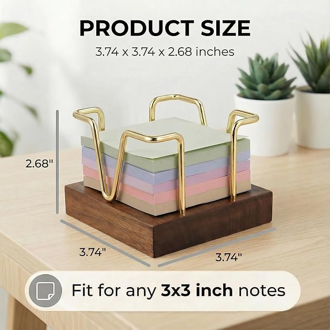 Wood Sticky Note Holder, 3 x 3 inch Self-Stick Note Memo Pad Holder for Desk, Notepad Dispenser for School Office, Gold
