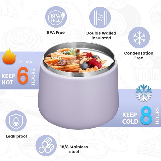 Itslife Soup Thermo for Hot Food Kids 25.5oz Lunch Containers with Buckle Lid Wide Mouth Hot Food Jar Vacuum Insulated Stainless Steel Bento Box Leakproof with Spoon (Purple3, 14oz)