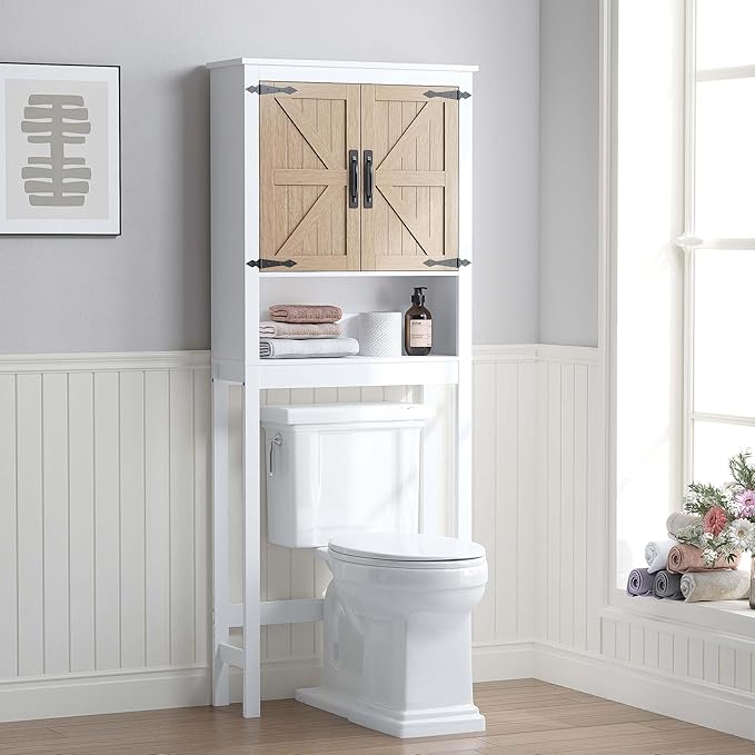 Spirich Over the Toilet Storage Cabinet with Wood-Grain Barn Doors, White | Adjustable Shelves, 33-Inch Toilet Clearance, Adjustable Bottom Rail, Anti-Tip Device, Farmhouse Style, FSC-Certified Wood