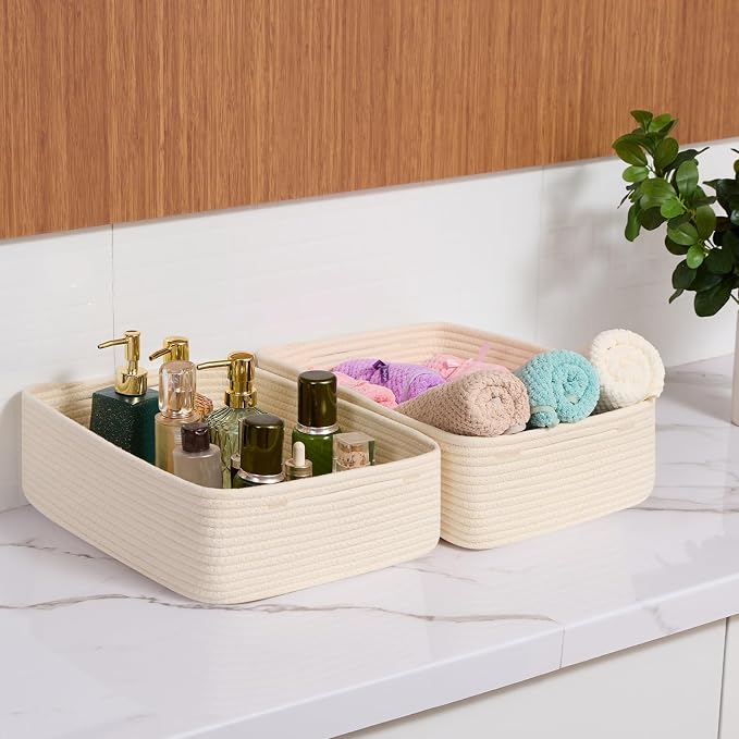 MiniArk Large Shallow Organizing Baskets 15x11x5.1 Inches - Rope Woven Storage Bins for Bathroom, Shelves, Cube Closet, Beige 2 Packs