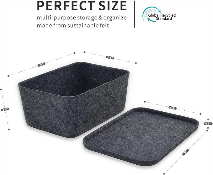 Welaxy Lidded office desk drawer organizer bins Deep draw organiser Felt storage box with lids for office supplies makeup jewelery rolled ties socks decluttering (Charcoal)