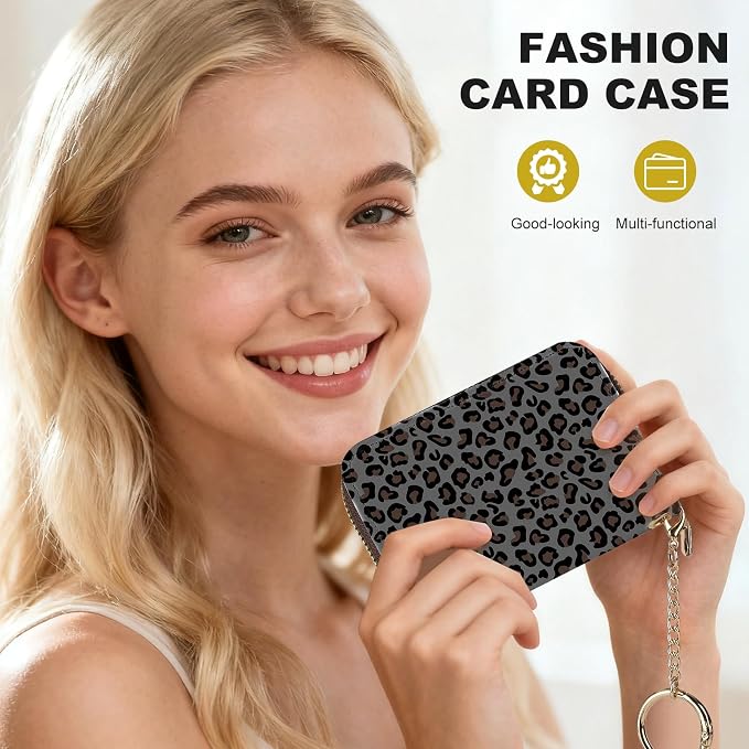 Credit Card Holder for Women,Small Rfid Wallet with Keychain Zipper,Cute PU Leather Card Case Wallet，Accordion Credit Card Wallets Gift,Dark Leopard Print A