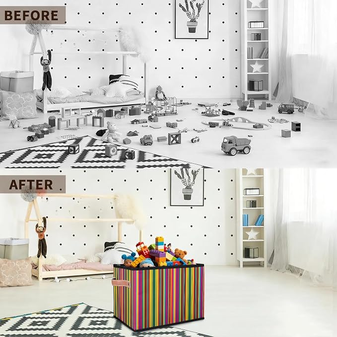 Mexican Stripes Closet Storage Bin, Foldable Storage Baskets for Shelves, Decorative Shelf Organizer Colorful Vertical Line Fabric Cube Bin for Living Room Bedroom Home Dorm