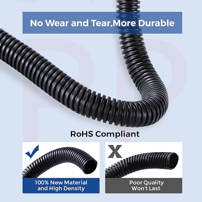 Wire Loom 1/4 inch 10ft, Split Loom, Outdoor Cord Protector | Flexible Wire Conduit Automotive, Wire Protector Tubing, Black