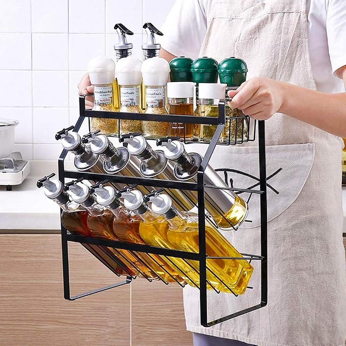Tomorotec 3-Tier Spice Rack, Metal Kitchen Counter Shelf Organizer, Black | Sturdy Steel Frame with Anti-Rust Coating and Non-Slip Pads for Spices, Oils, Liquor Bottles and Bathroom Essentials