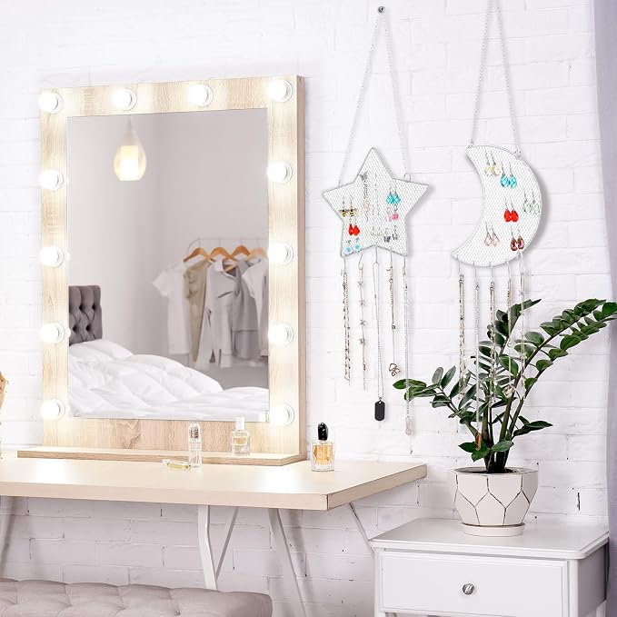 Jetec 2 Pcs Earring Wall Holder Wall Mounted Organizer Hanging Stand Decorative Diamond Grid Shape Jewelry Display Rack with Hanging Hooks for Earrings Necklace Bracelet(White)