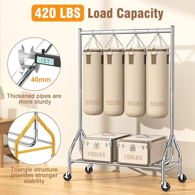 EAGMAK Heavy Duty Clothes Rack Load 420 LBS, Rolling Garment Rack with Lockable Wheels, Standing Metal Clothing Rack with Shelves, Portable Wardrobe Sturdy Coat Rack for Hanging Clothes (Silver)