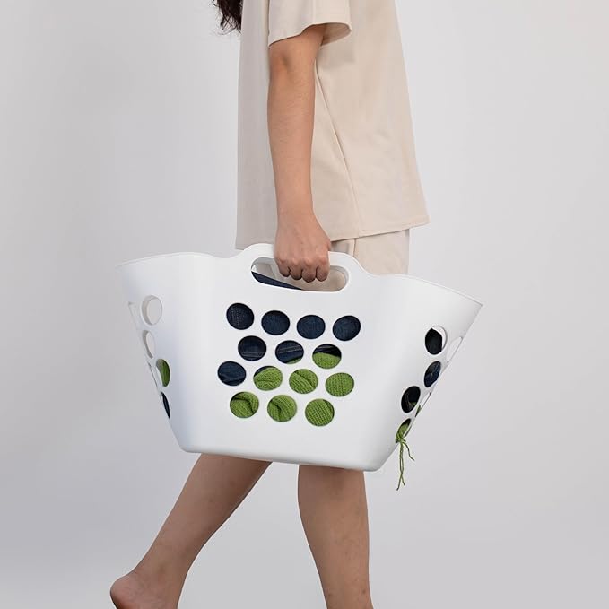 Flexible Plastic Laundry Basket - Square Storage Hamper with Side Handles for Easy Carrying - Versatile Organizer for Laundry, and Household Storage, 28 Litter White