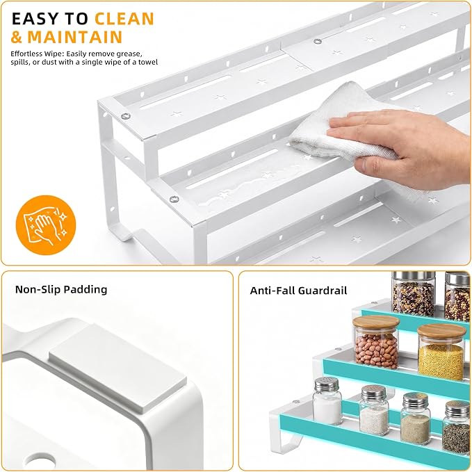 3-Tier Spice Rack Organizer 2 Pack, 13"-21.5" Expandable Spice Organization Shelf, Metal Seasoning Organizer for Kitchen Countertop or Pantry, Slip-Resistant Design for Jars and Bottles, White