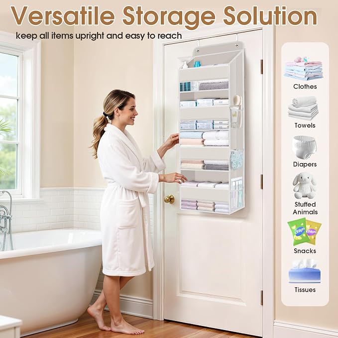 WISELIFE Over The Door Organizer Storage with 4 Large Pockets Door Hanging Organizer with Clear Windows behind The Door Storage for Nursery Bedroom Bathroom Pantry Closet and Baby Essentials Beige