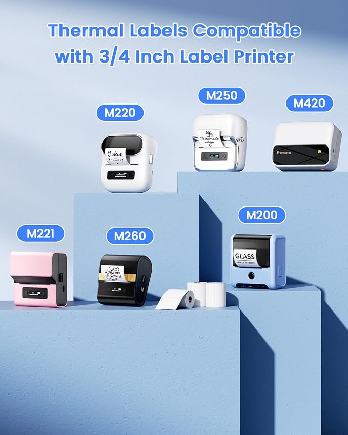 Phomemo Thermal Sticker Labels- 2.75"x1.57"(70x40mm) Thermal Label for M221/M220/M250/M260, for Barcode/Address/Mailing/Logo/Business/Home Tag, Black on White, 1 Roll, 170 PCS