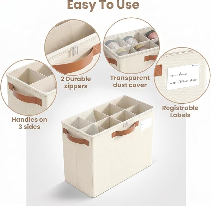 Varhomax Shoe Organizer Box for Closet, Small Fabric Storage Basket 2 Pack | Foldable Shoe Bin with Adjustable Dividers & Clear Cover, Saving Space Sneakers & Sandals Containersfor Entryway, Cubby