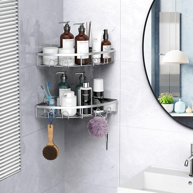 Corner Shower Caddy for Bathroom Storage,Silver,2 Pack | No Drilling Bathroom Shower Corner Shelves with Adhesive,Rustproof Shower Organizer
