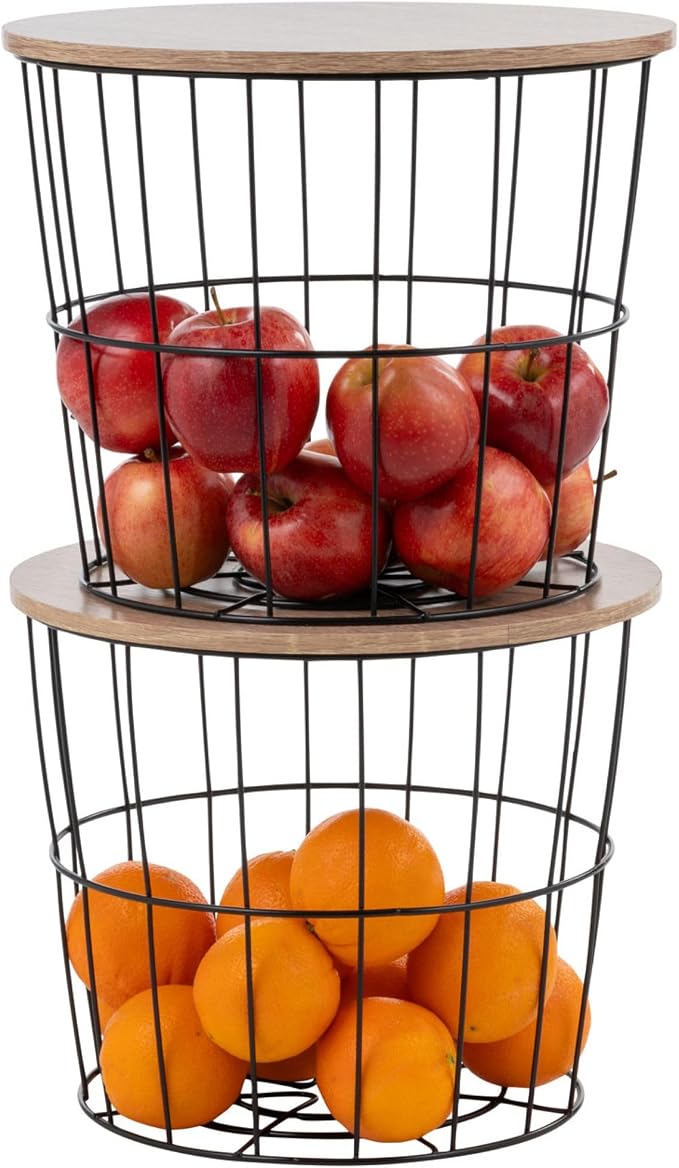 IRIS USA Round Wire Basket with Wooden Lid, 2 Pack | Living Room Bathroom Kitchen Storage, Water Resistant Surface