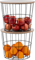 IRIS USA Round Wire Basket with Wooden Lid, 2 Pack | Living Room Bathroom Kitchen Storage, Water Resistant Surface