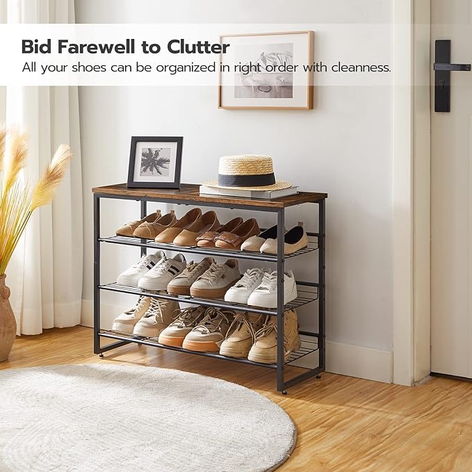 HOOBRO Shoe Rack, 4 Tier Shoe Organizer for Front Door Entrance, Shoe Shelf with Adjustable Tilt Angle, Holds 12-16 Pairs, for Entryway, Garage, Closet, Rustic Brown and Black BF09XJ01