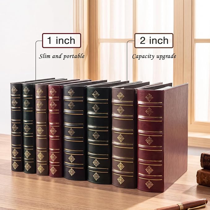 Ospelelf Vintage 3 Ring Binder 2 Inch, Leather D Ring Binder with Pockets and 5 Tab Dividers, Hardback Book Style Document Organizer Fits Letter Size for Home and Office Brown
