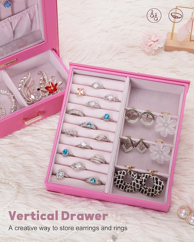 Homde Display Jewelry Box for Girls: Starter Organizer with Clear Window | Vertical Drawers for Earrings Rings Necklaces - Compact Footprint Fits Small Vanities - Birthday&Graduation Gift for Teens