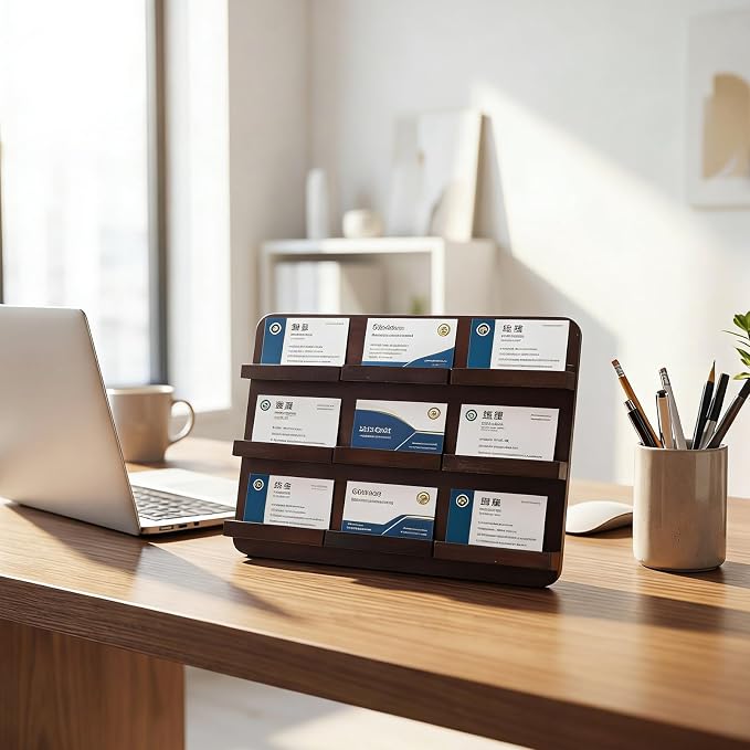 Leinuosen 3 Tier Wood Multiple Business Card Holder Desktop 9 Slot Business Card Holder for Desk Gift Postcard Display Rack Pamphlet Display Stand for Office Meeting Home (9.45 x 12.99 Inch)