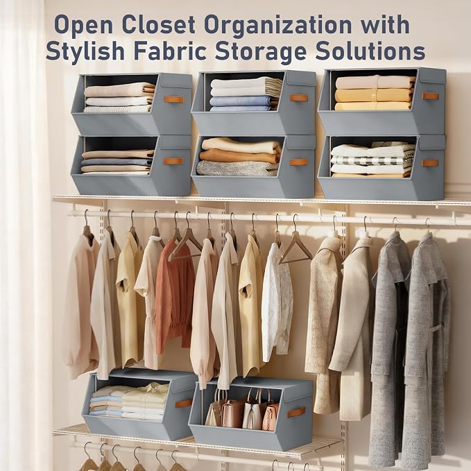 Stackable Closet Organizers and Storage Bins, Open Front Closet Shelf Organizer System With Steel Frame, Clothes Storage Basket Fabric, Collapsible Closet Drawers for Wardrobe, Nursery ,Toy, 6 Pack