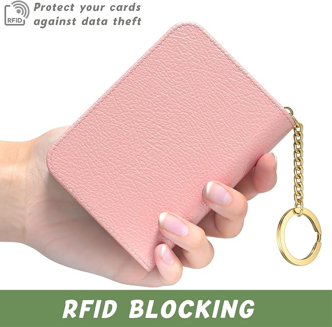 Aiawoxc Credit Card Holder for Women, Small RFID Wallet Slim Leather Business Card Organizer Case with Zipper and Keychain, Pink
