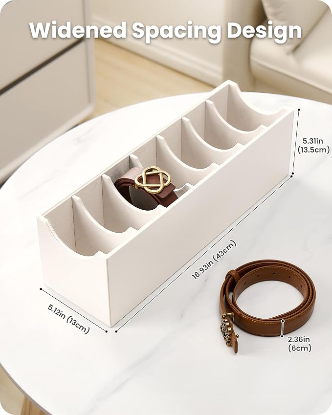 Lolalet Belt Organizer for Closet, Belt Box & Storage Drawer -Cream | PU Leather Belt Holder with 7 Extra-Wide Compartments, Soft Lining, Fits Entryway Cabinet, for Women, 2 Pack