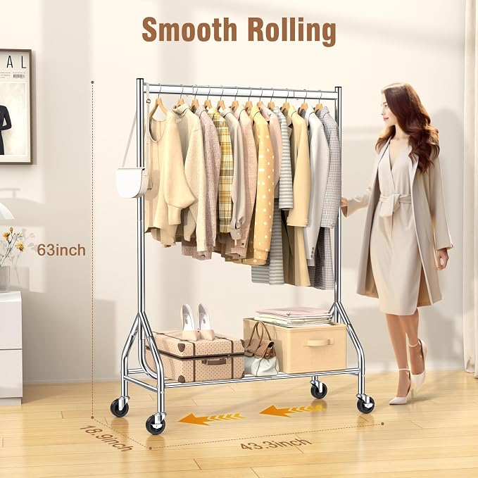 EAGMAK Heavy Duty Clothes Rack Load 420 LBS, Rolling Garment Rack with Lockable Wheels, Standing Metal Clothing Rack with Shelves, Portable Wardrobe Sturdy Coat Rack for Hanging Clothes (Silver)