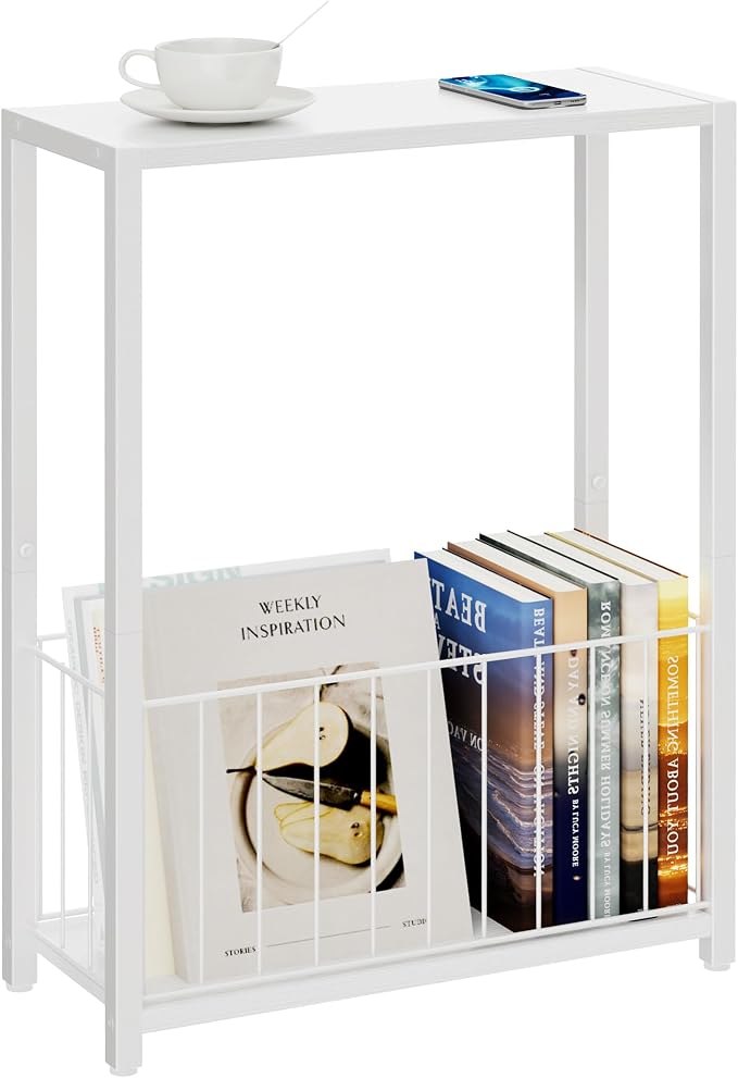 Homleke Narrow Side Table with Magazine Holder, Skinny End Table | Space-Saving Design, Small Spaces, Storage Shelf, Metal Frame, Easy Assembly, 7.1" D x 16.9" W x 23.6" H, White