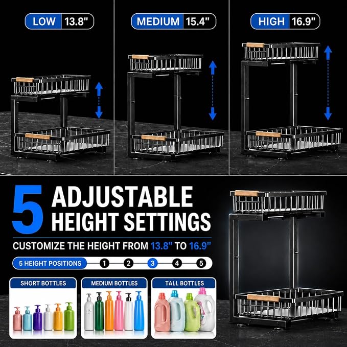 Under Sink Organizer, Pull Out Kitchen Storage Cabinet Organizer, 2-Tier Metal Slide Out Shelf for Bathroom Laundry Kitchen Storage with Drawers, 11.8"W x 15.9"D x 13.8-16.9"H, Black, 2 Pack