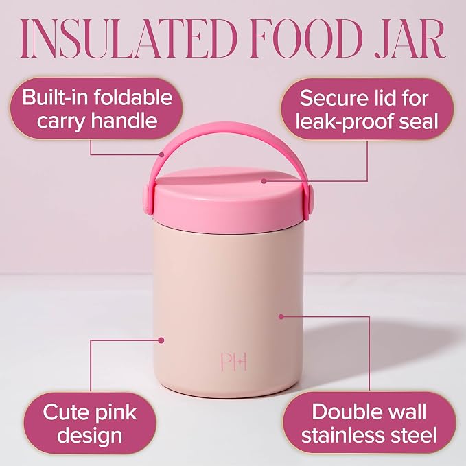 Paris Hilton Insulated Food Jar, Stainless Steel Vacuum Insulated Food Container with Folding Carry Handle, Leak-Proof Lid, 15-Ounce, Pink